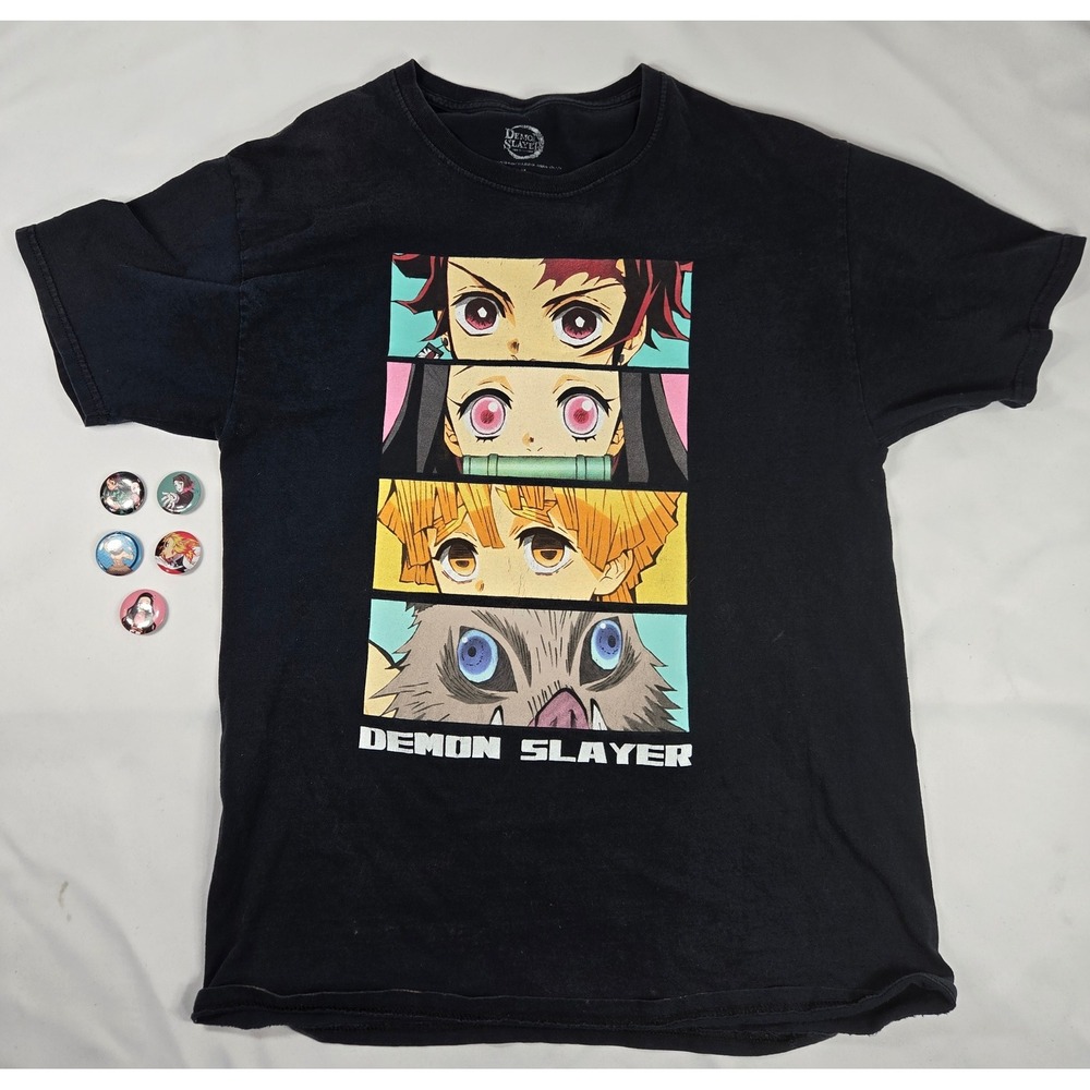 Demon Slayer Anime T-Shirt with Character Graphics and Buttons‎ / Pins Bundle M